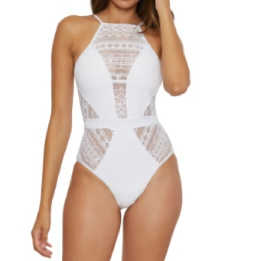 BECCA One Piece White Crochet Open Back Small Bathing Suit